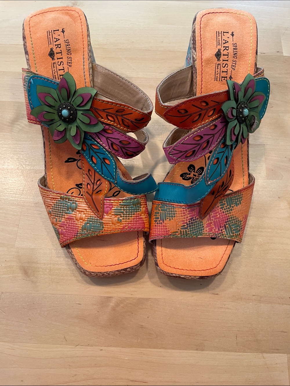 L'Artiste Multicolor Floral Leather Wedge Sandals - Orange/Teal/Pink